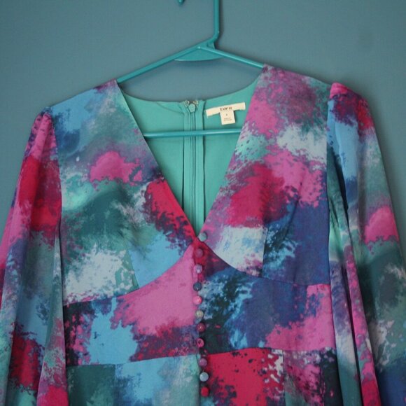 bar III Womens Size 2 Watercolor Flowy V Neck Long Sleeve Dress NWT - Picture 3 of 16